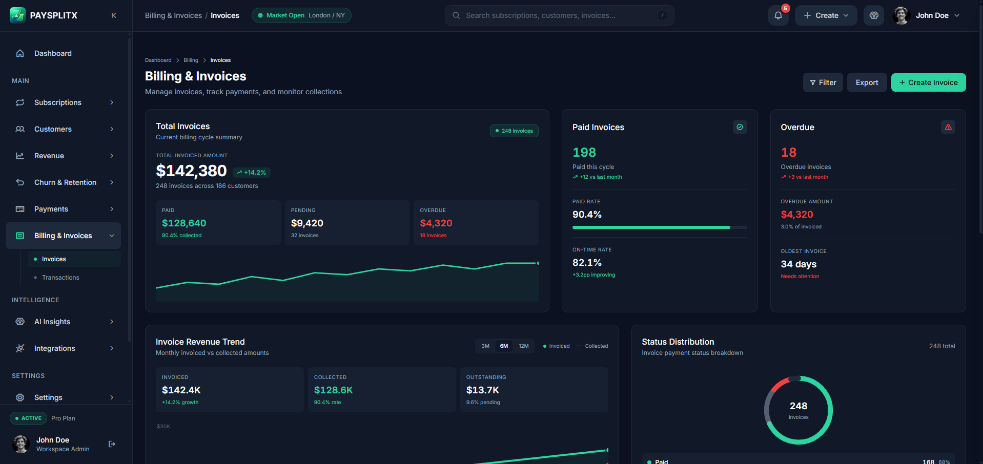 Billing and Invoices page, dark theme