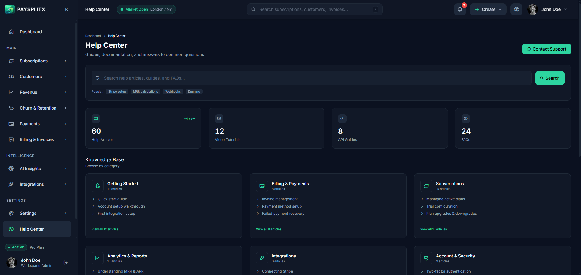 Help Center page, dark theme