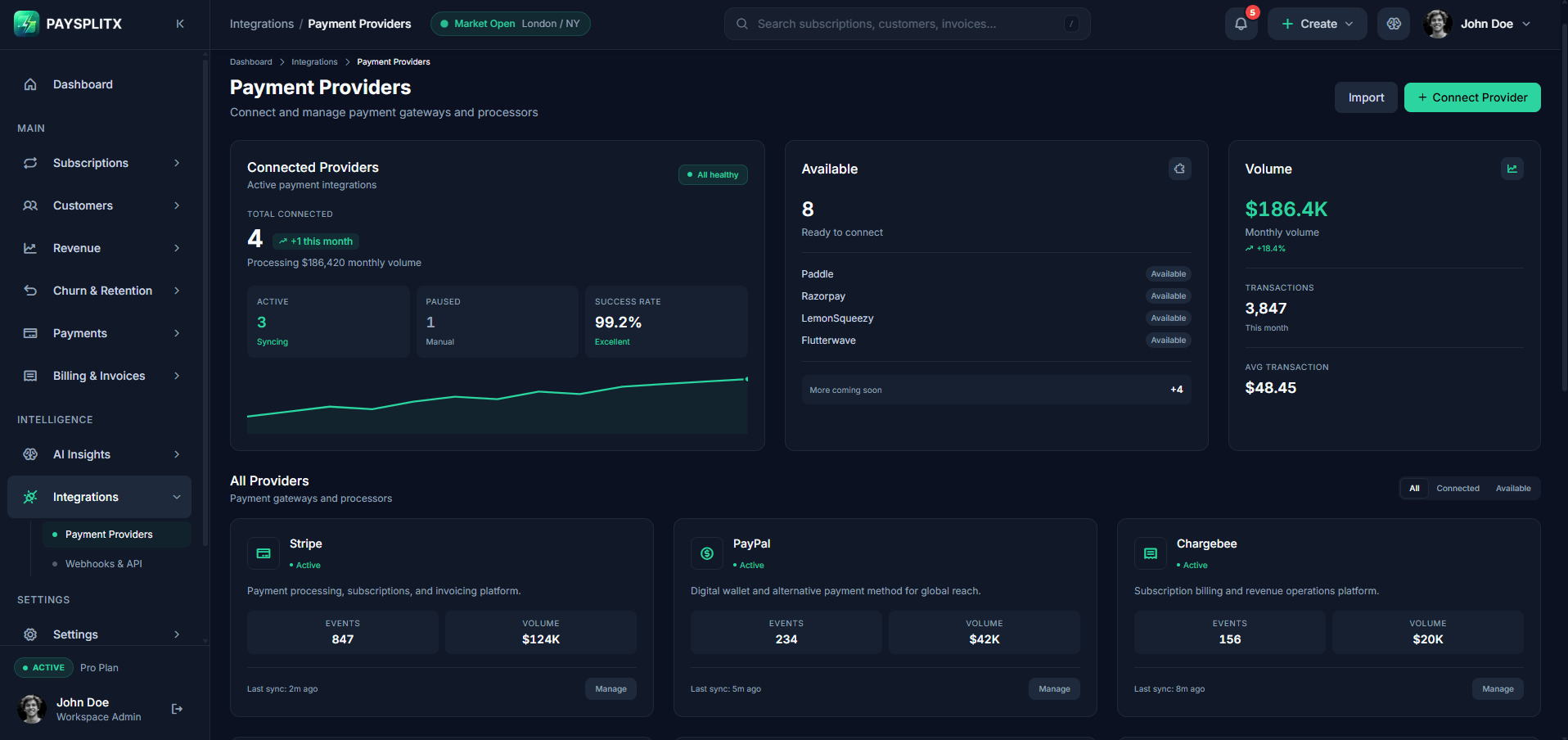 Integrations page, dark theme