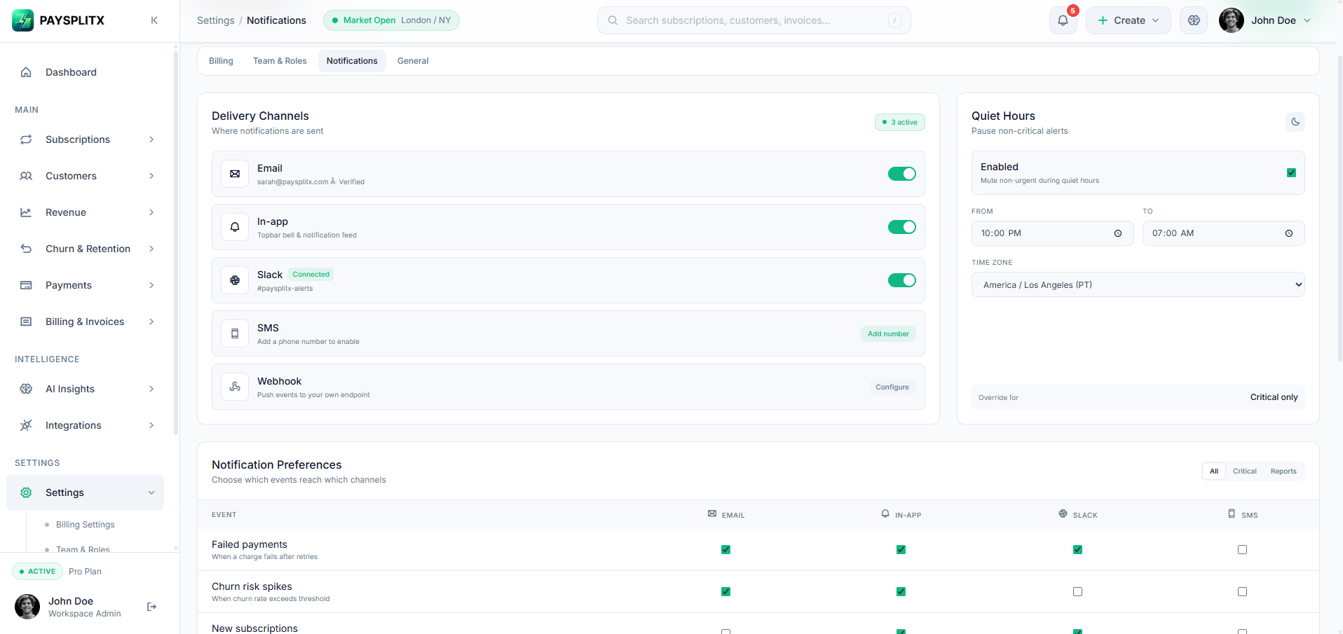 Notifications page, light theme