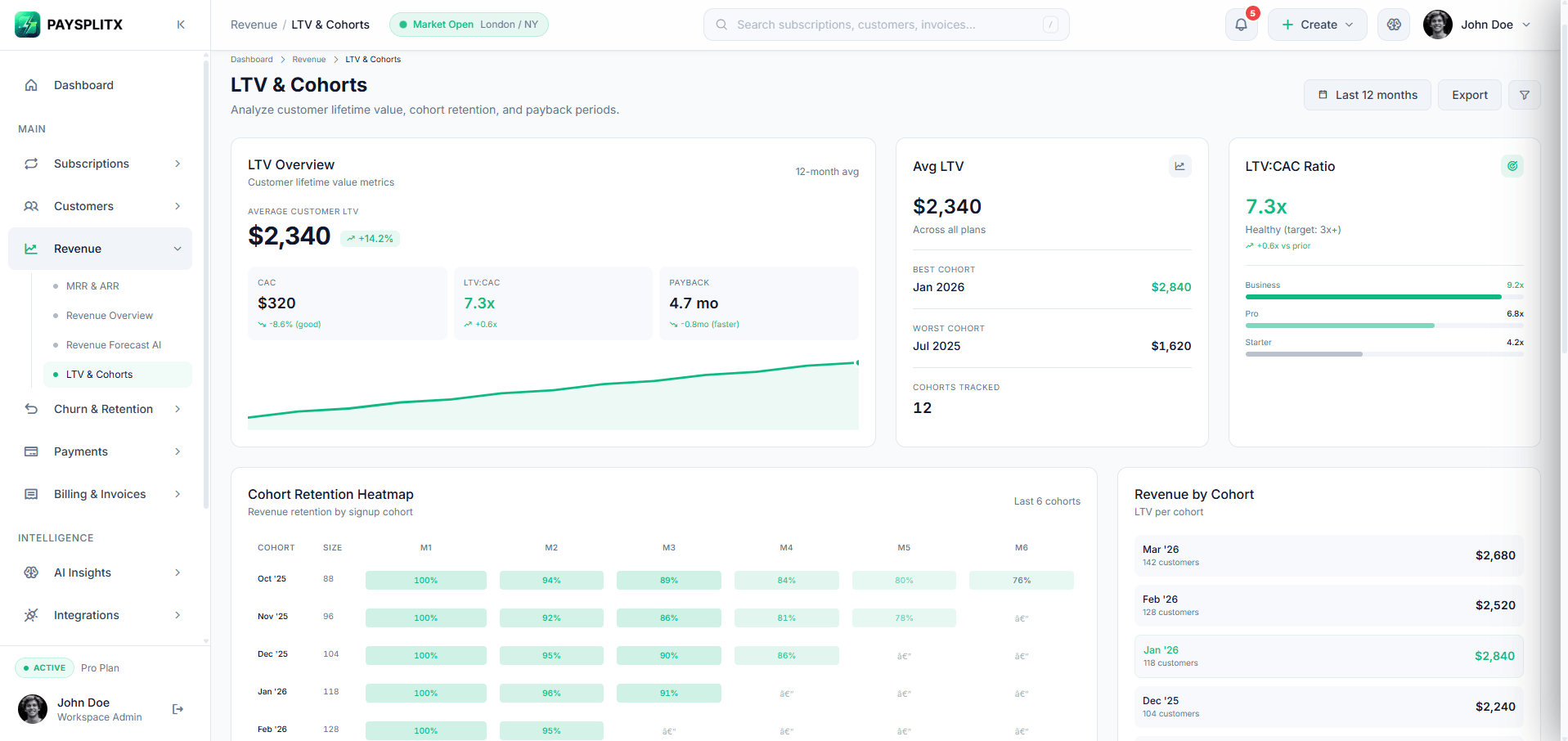Revenue and LTV page, light theme