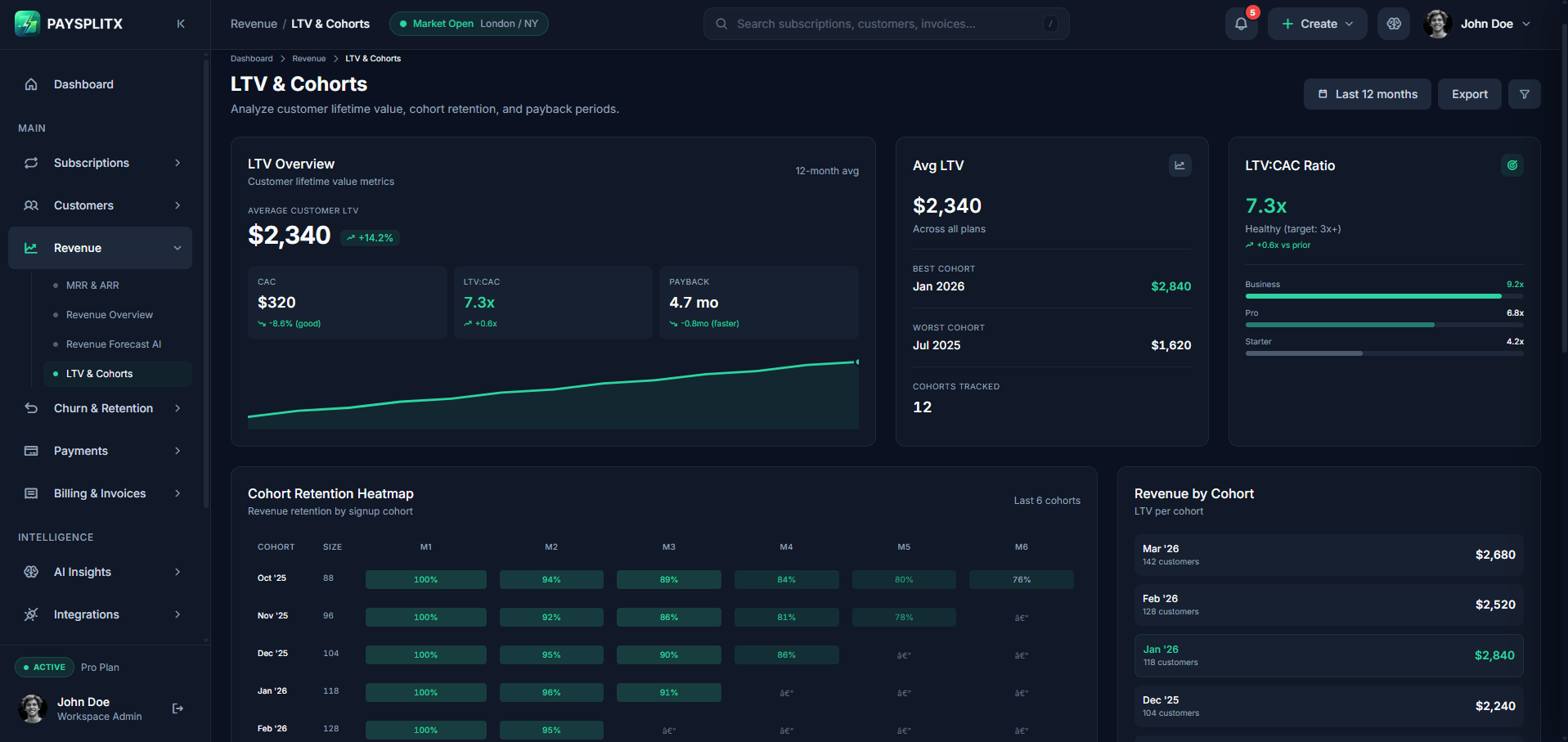 Revenue and LTV page, dark theme