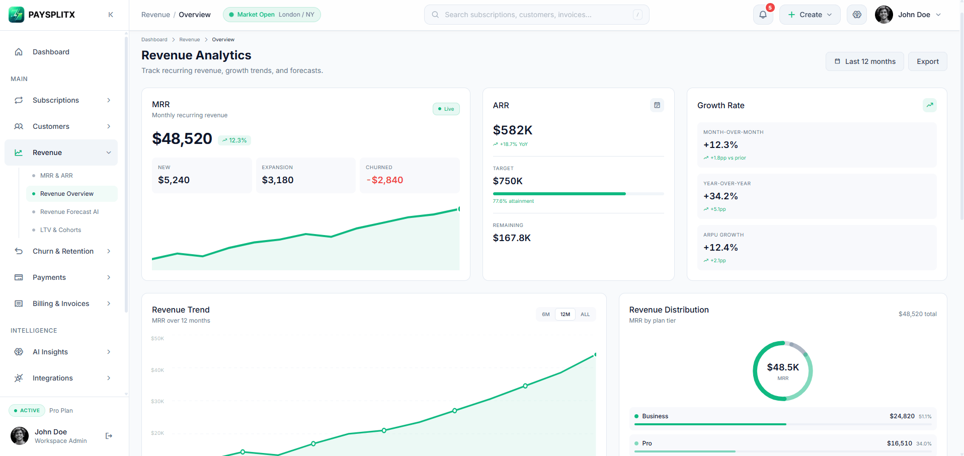 Revenue Overview page, light theme