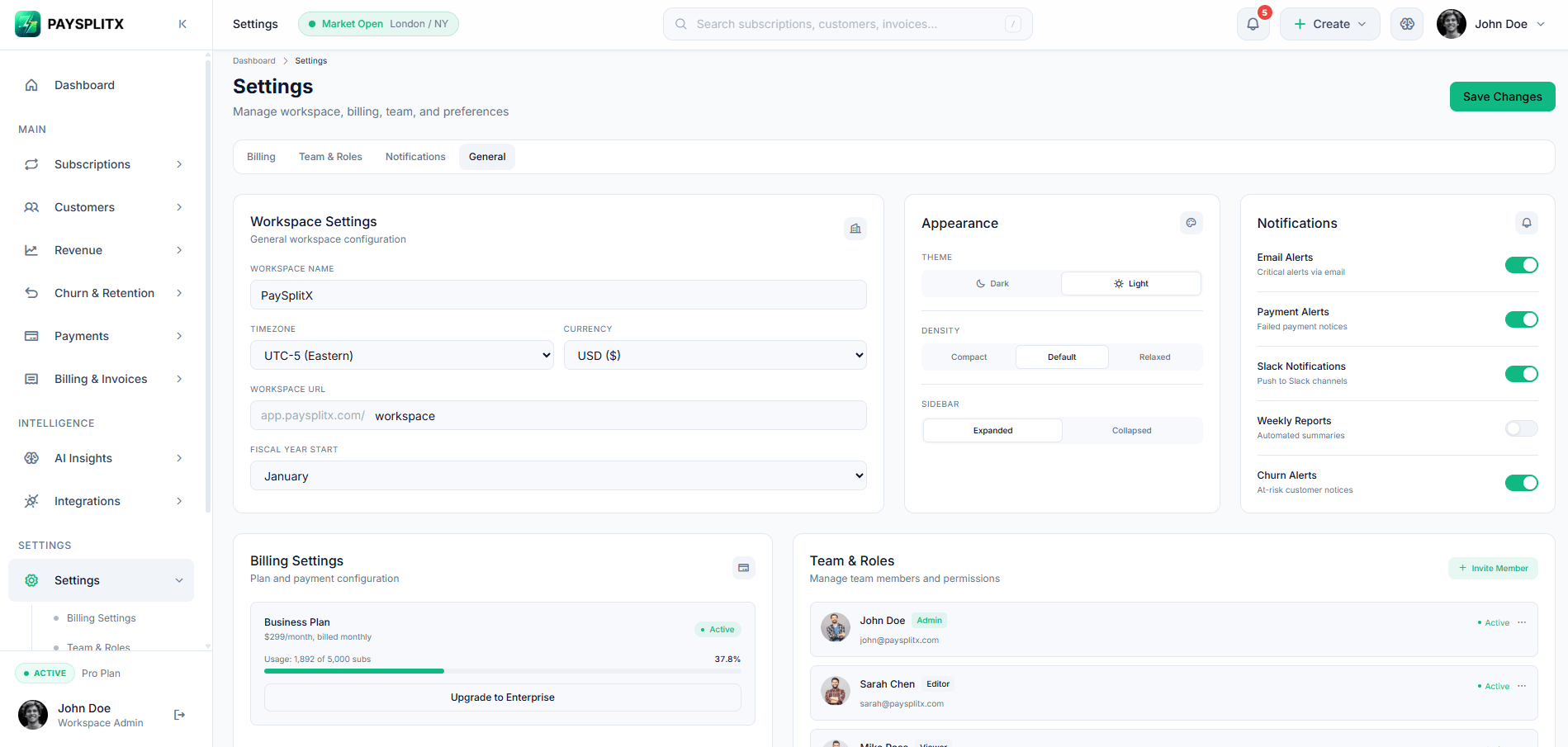 Settings page, light theme