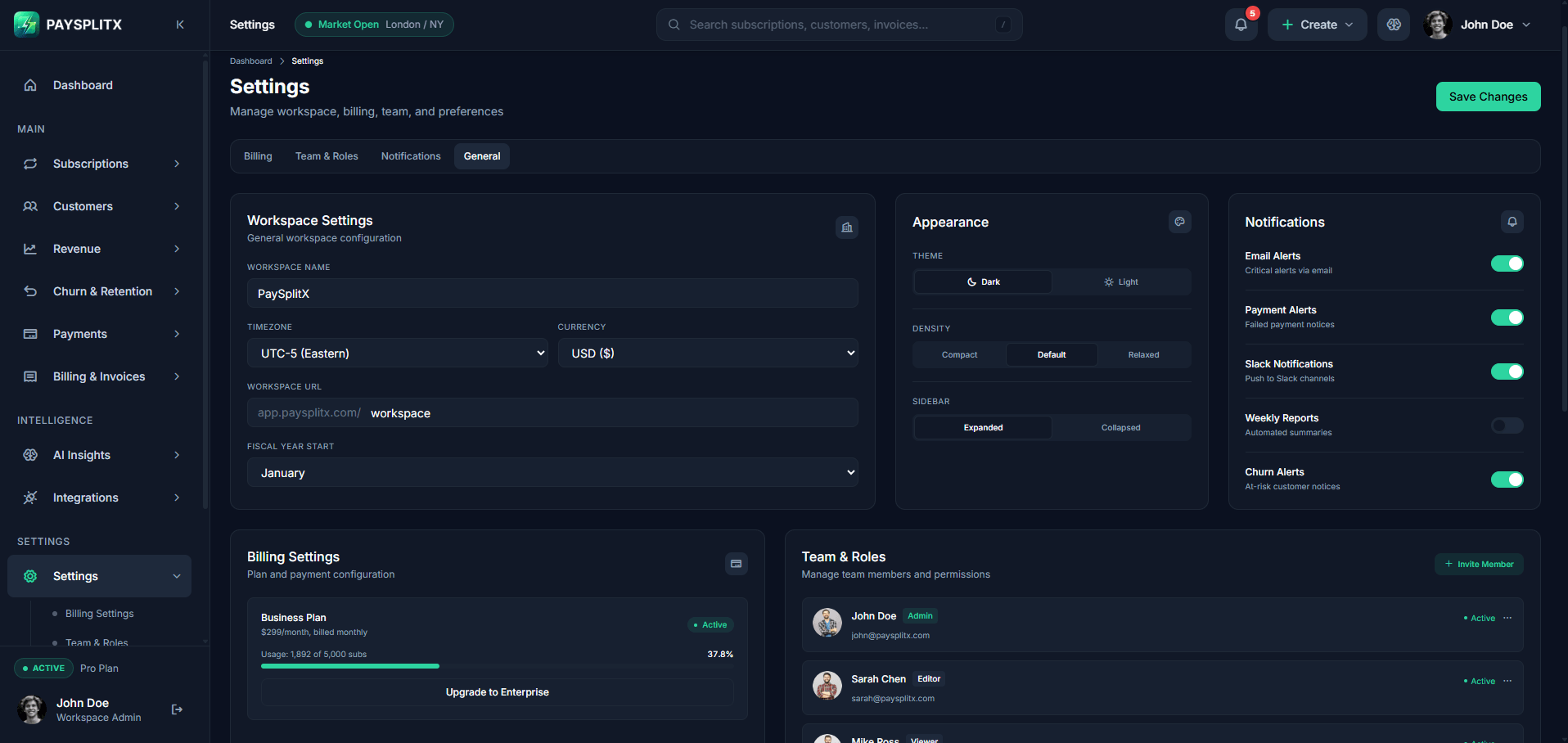 Settings page, dark theme