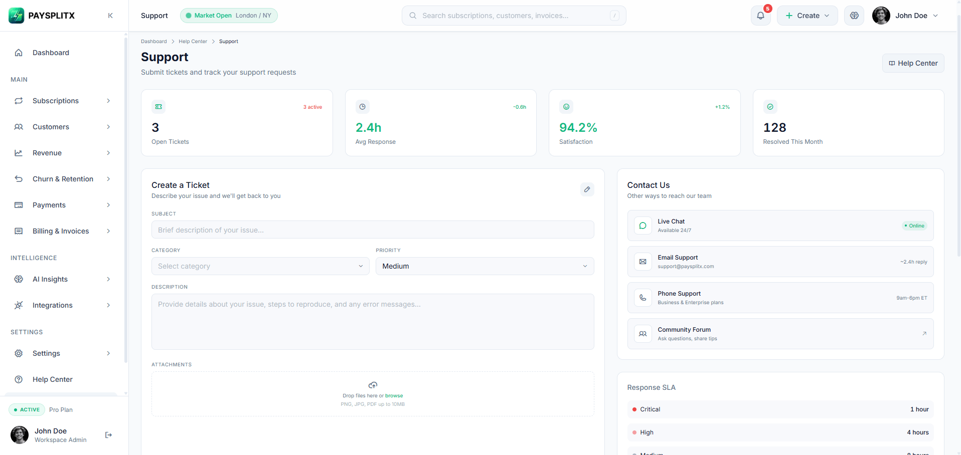 Support page, light theme