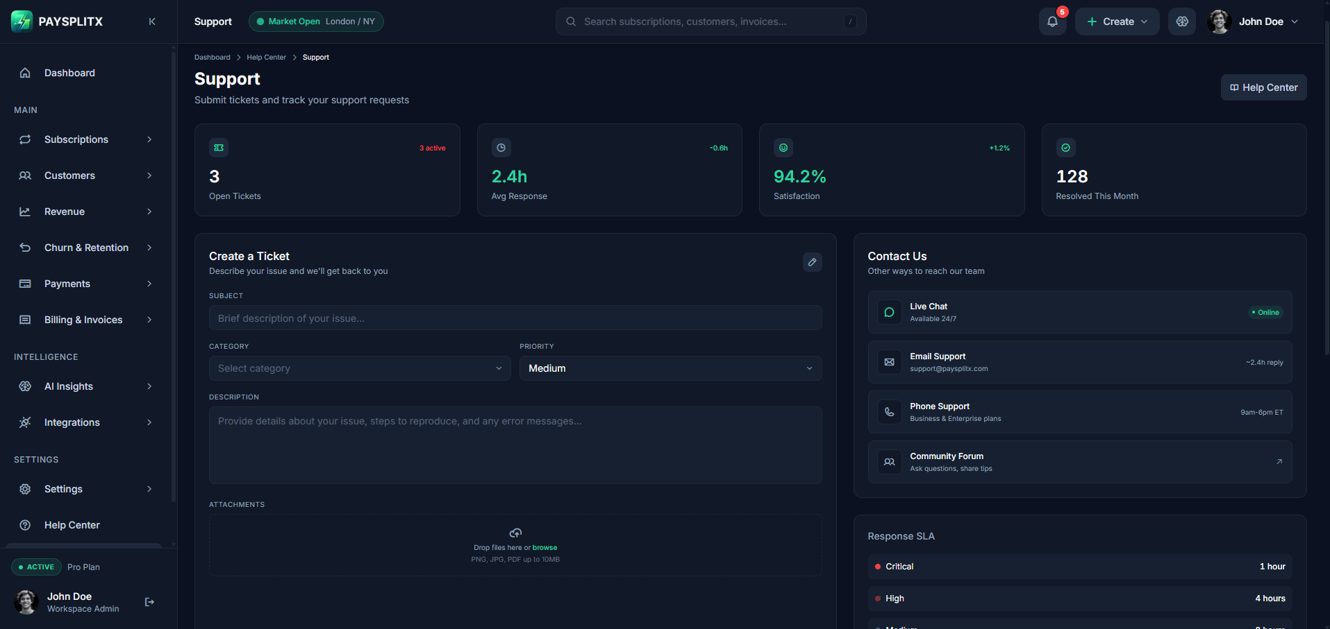 Support page, dark theme